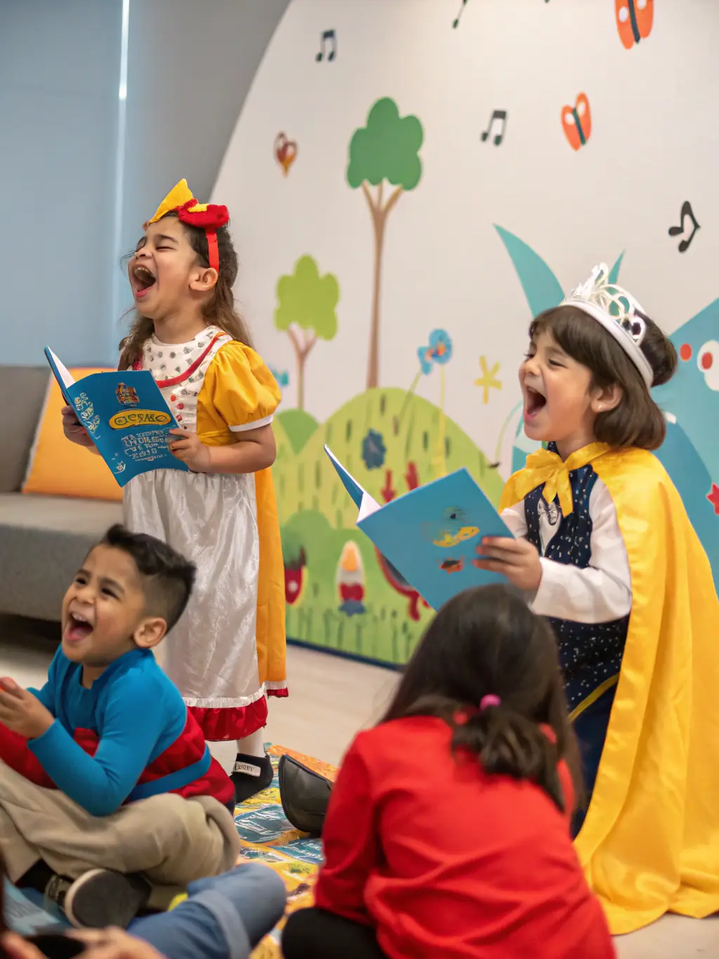 A vibrant photograph capturing a children's theatre workshop in progress, showcasing kids actively participating in a drama exercise, set in a community hall with colorful decorations.