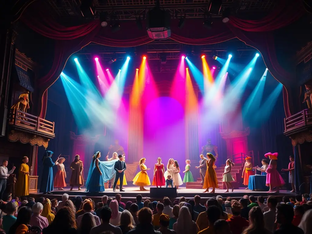A vibrant photograph capturing a scene from one of AKT ANGELY KULTURE THEATRE's theatrical productions, showcasing actors in costume on stage with dynamic lighting and set design.