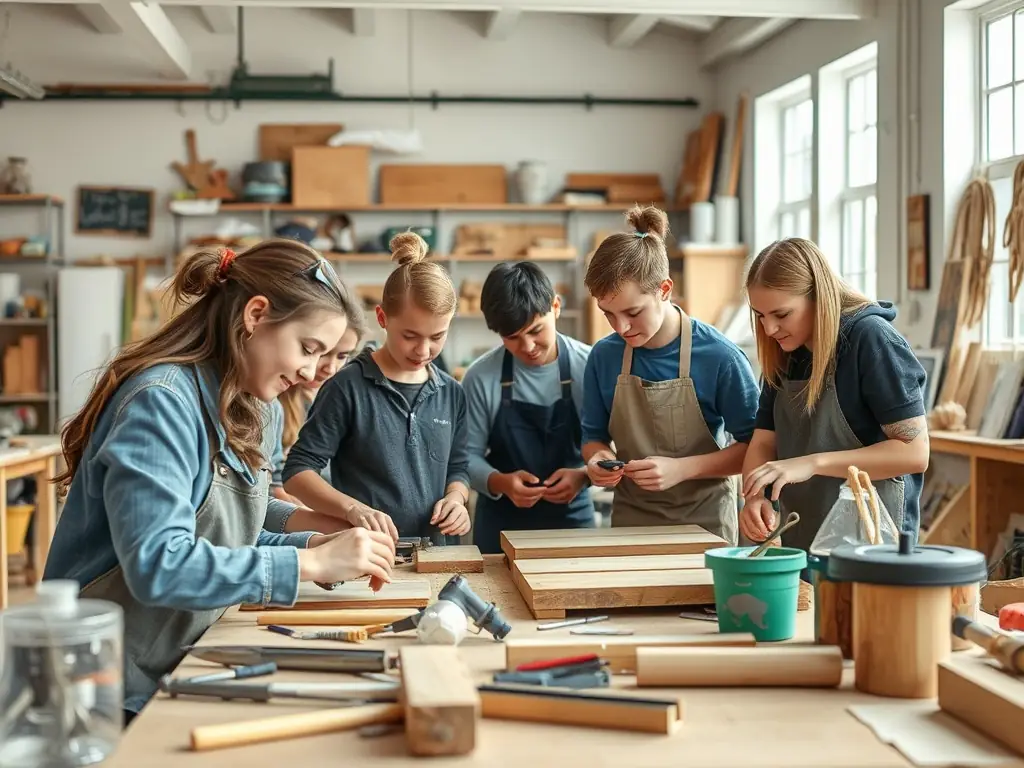 An image featuring a group of young people participating in a cultural exchange program, learning about traditional arts and crafts from local artisans. The scene emphasizes the importance of cultural preservation and intergenerational knowledge transfer.