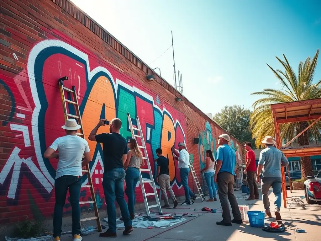 A vibrant image depicting a group of artists participating in a collaborative mural painting workshop in a rural setting. The scene captures the energy and creativity of the participants as they work together to create a colorful and meaningful piece of art.