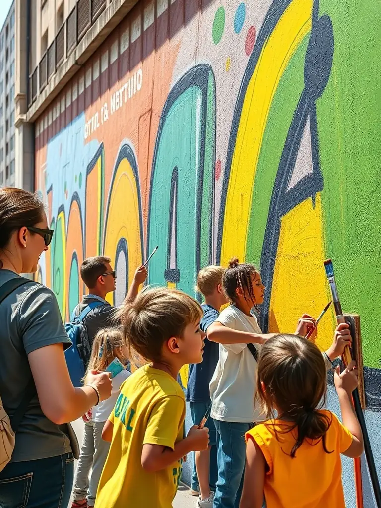 A photo of a group of artists collaborating on a mural project, using vibrant colors and community-inspired themes, on a large wall in a rural area.