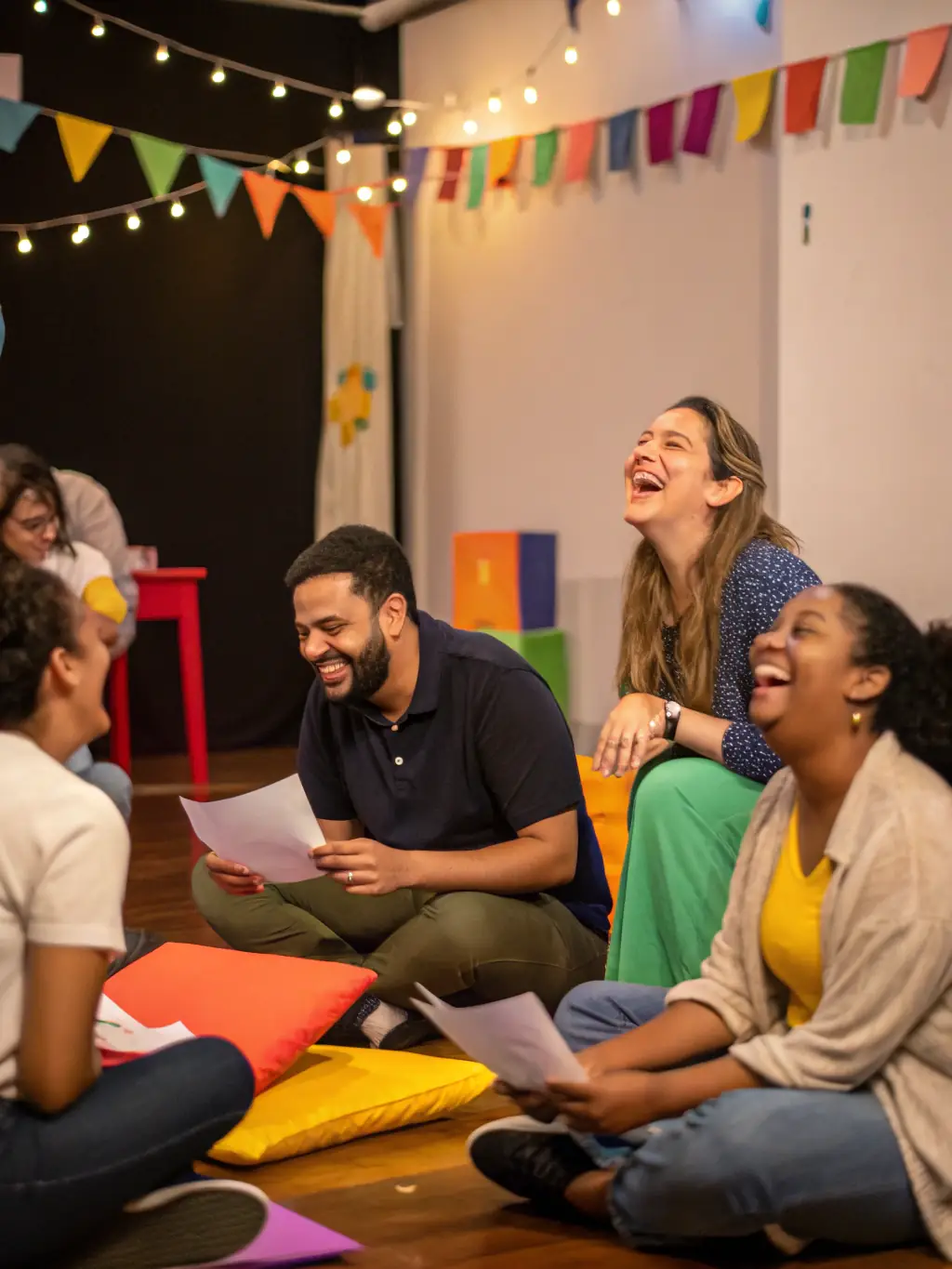 A diverse group of people joyfully participating in a theatre workshop, showcasing community engagement and artistic collaboration.