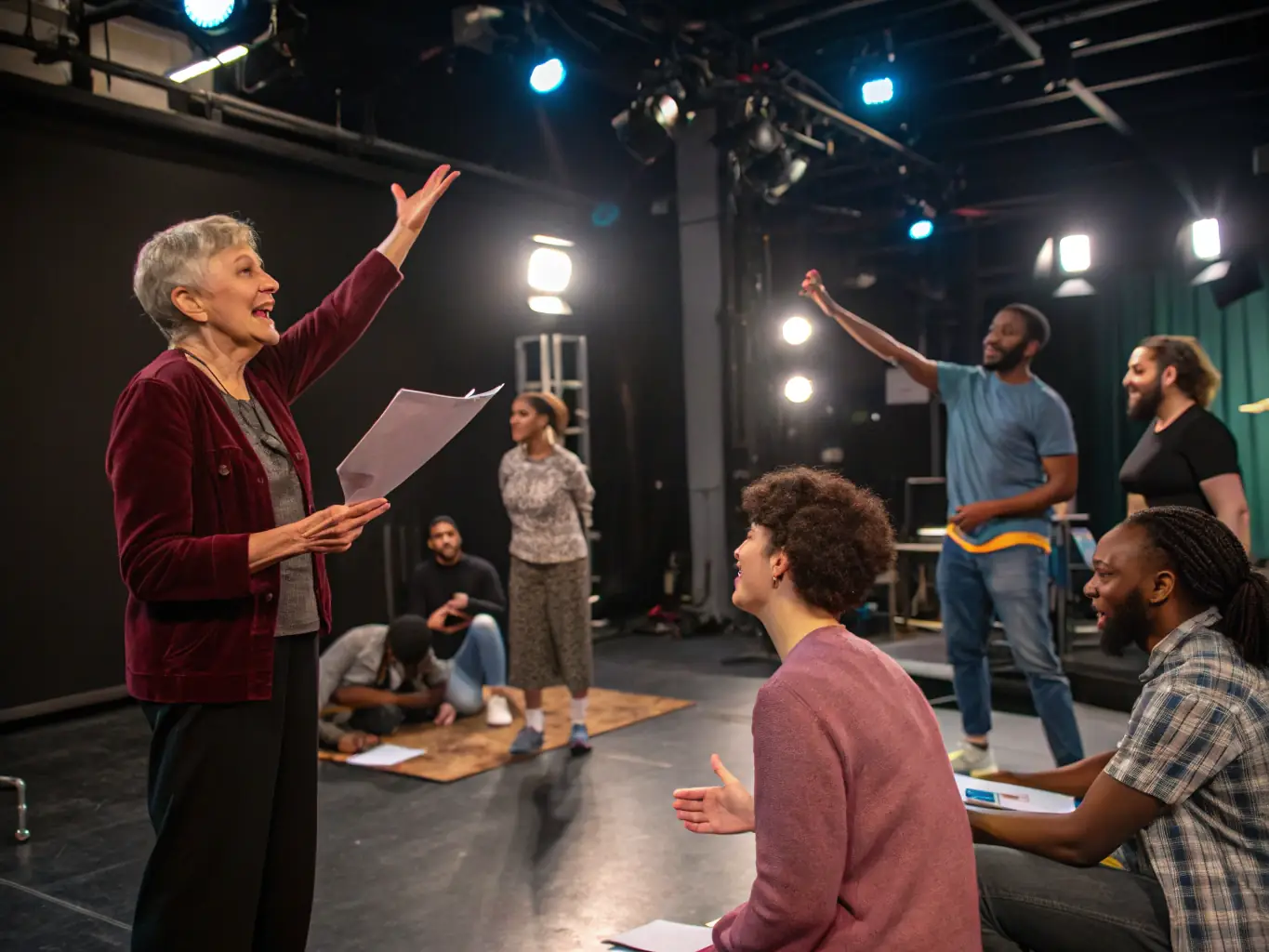 An image depicting a diverse group of participants engaged in a theatre workshop, with an instructor guiding them through an acting exercise. The setting is a brightly lit studio with various props and costumes visible in the background.