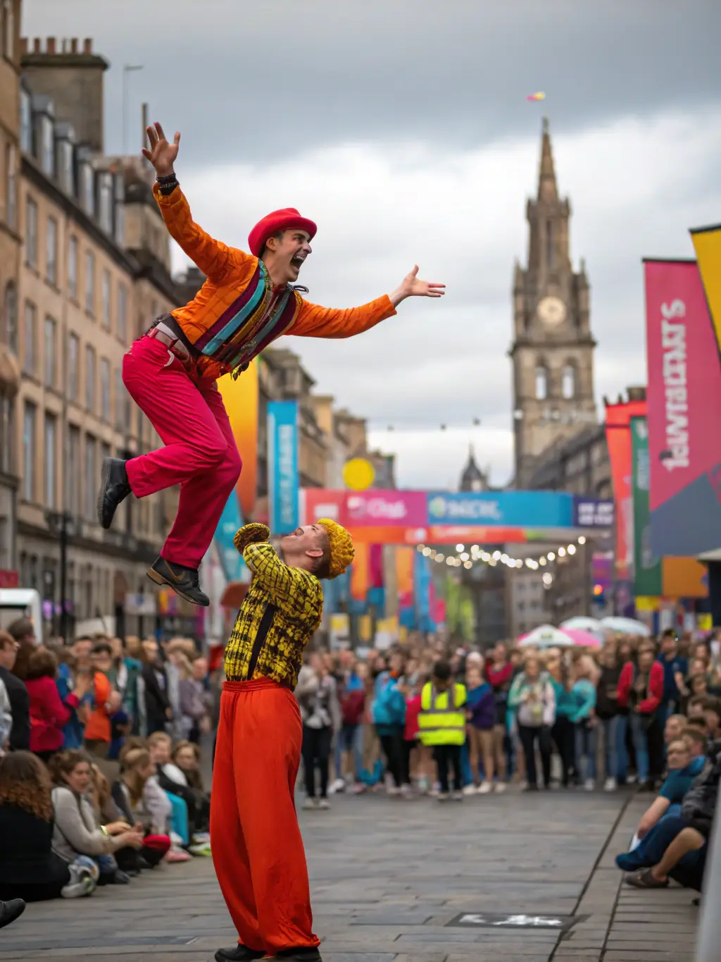 A dynamic image of a street theatre performance, featuring actors in elaborate costumes interacting with a diverse audience in a public square during a cultural festival.