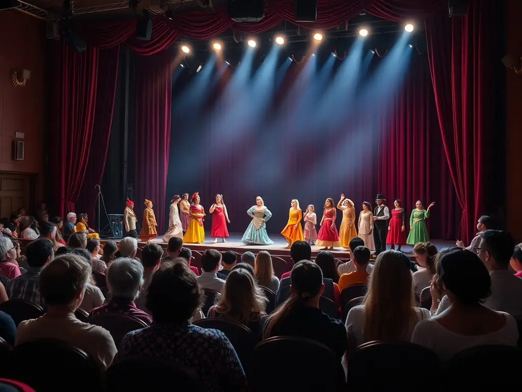 A photograph showcasing a community theater performance in an urban area, with actors on stage and an engaged audience. The image highlights the power of theater to bring people together and create shared cultural experiences.