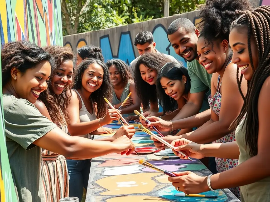 A photograph showcasing a community art project in a rural area, with local residents and artists working together to create a large-scale mural on a building wall. The mural depicts scenes of local culture and history.